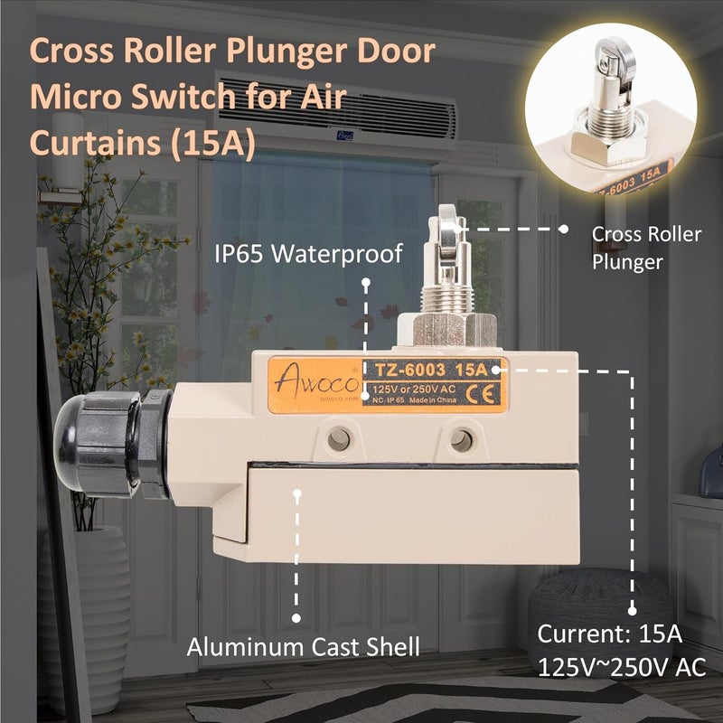 Awoco Heavy Duty Commercial Door Micro Switch with Cross Roller Plunger for Air Curtains, 250V 15A IP 65 Limit Switch Type NO and Type NC (TZ-6003-15A) - Image 2
